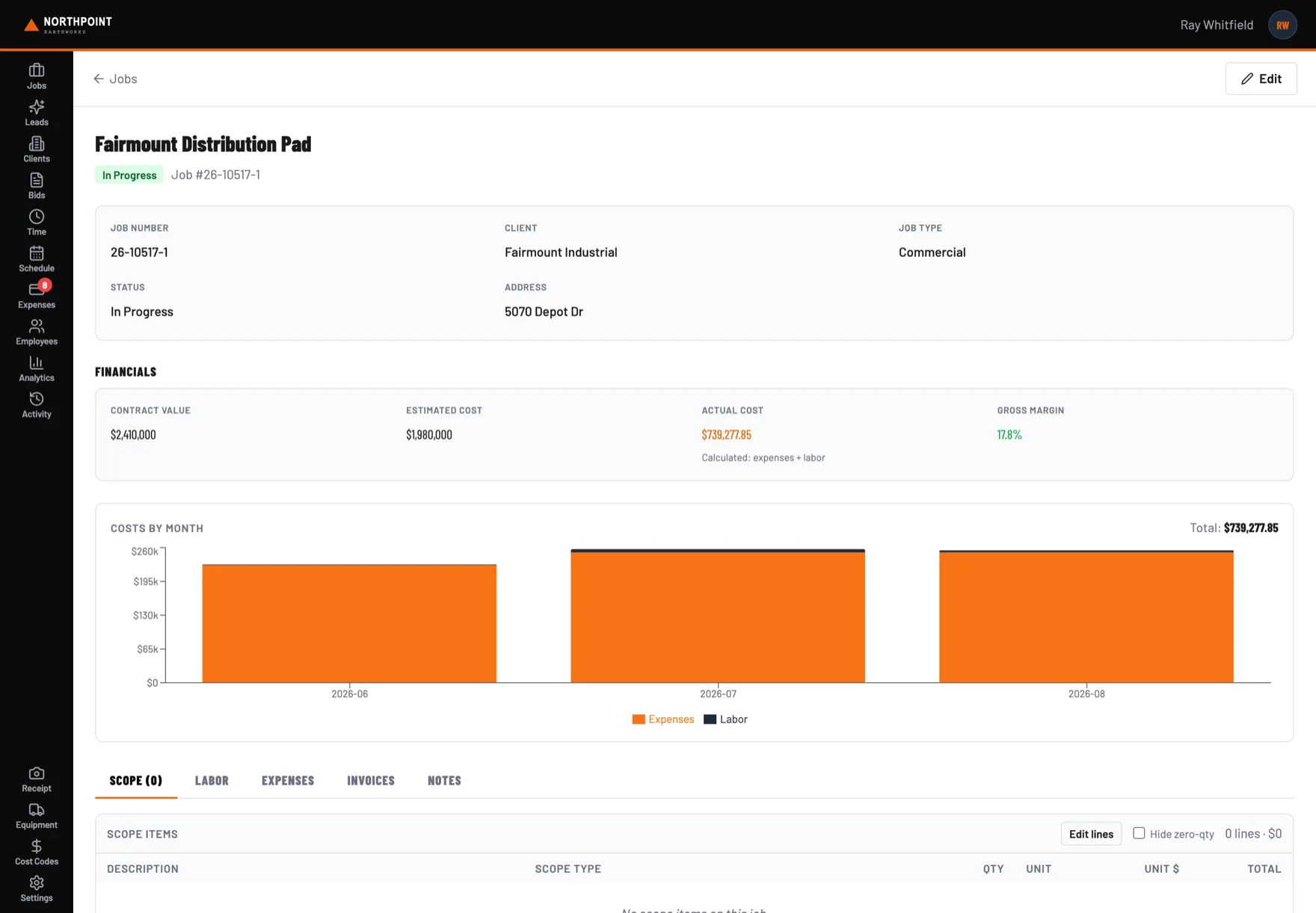 Single job page showing job number, client, address, contract value, estimated cost, actual cost calculated from expenses and labour, and gross margin.