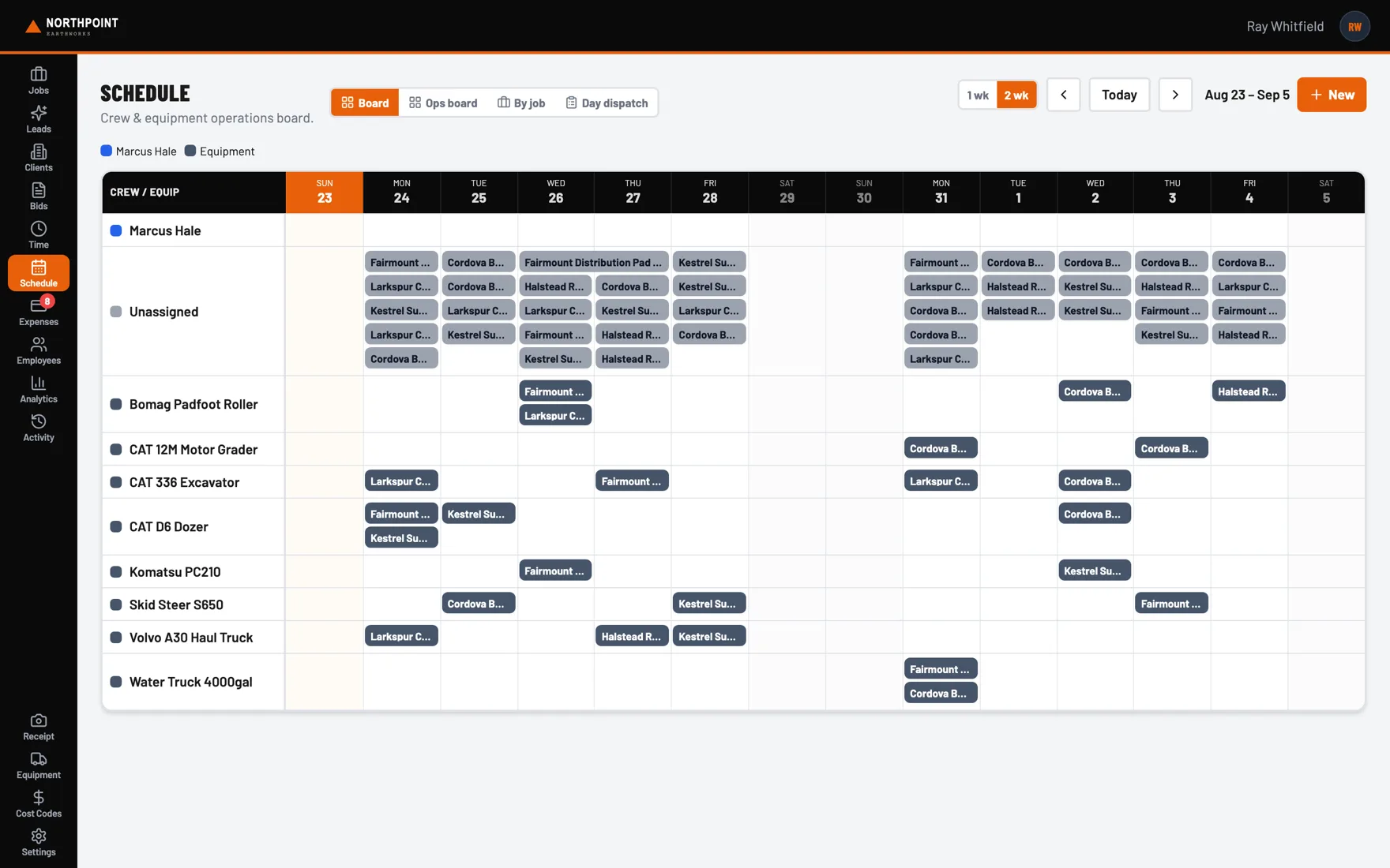 Crew and equipment scheduling board laid out by day across a two week range.